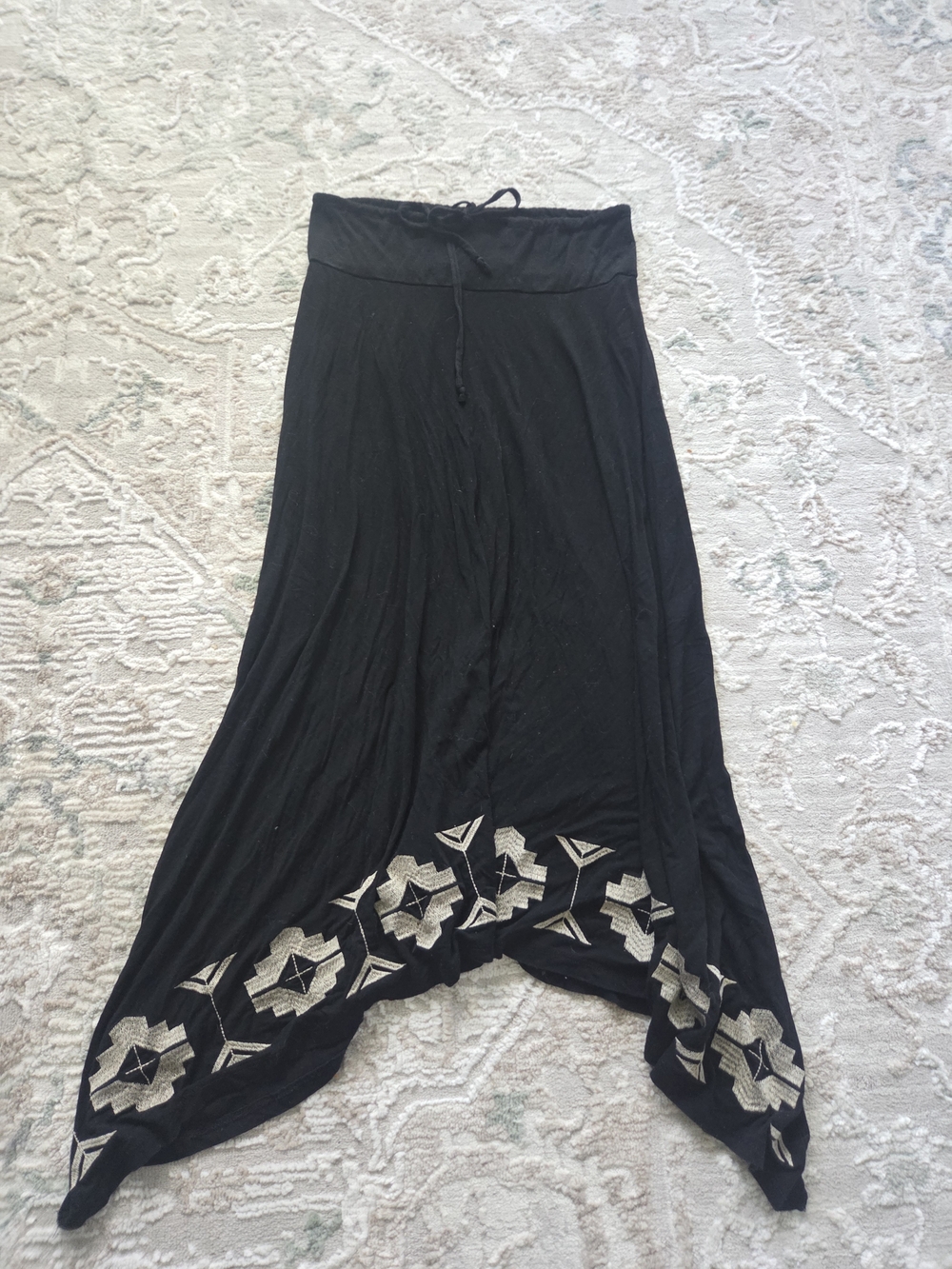 Black Asymmetrical Maxi Skirt with Ivory Geo Trim